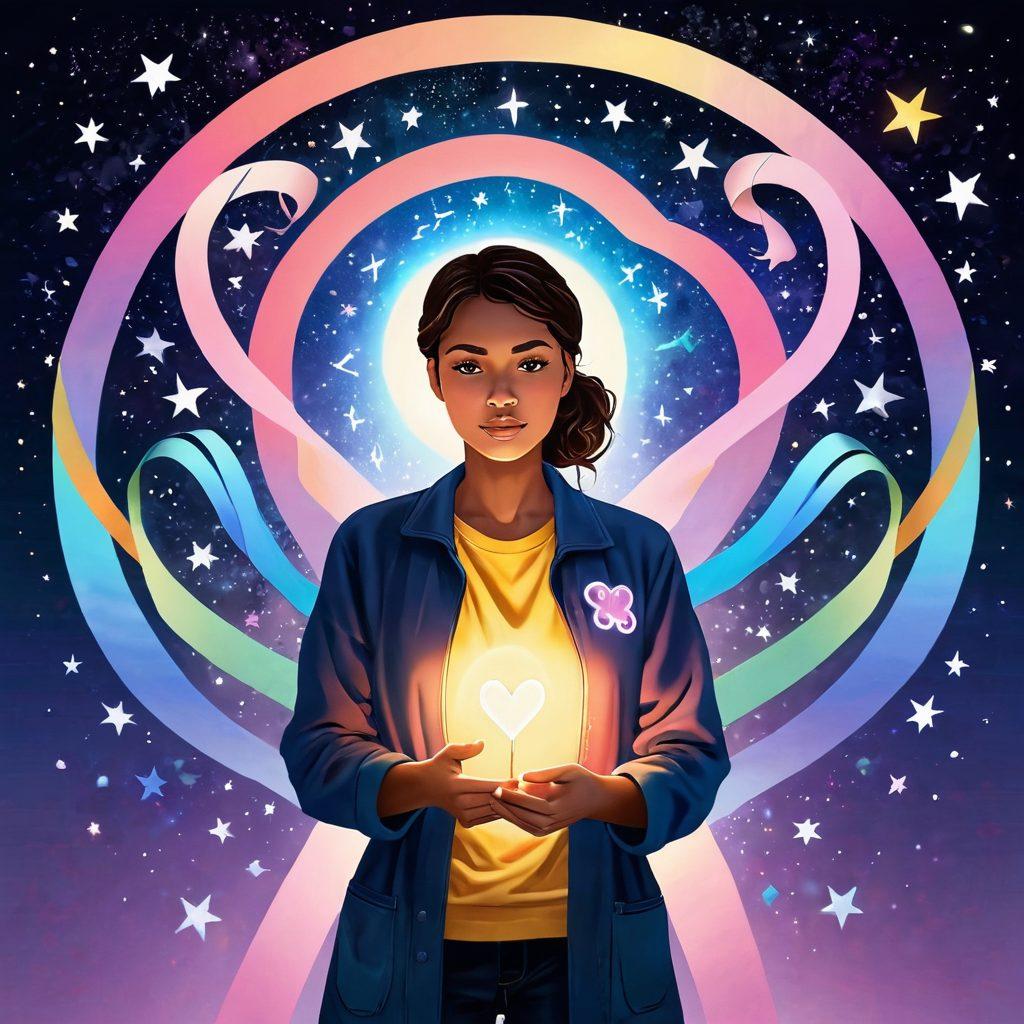 A determined individual standing confidently with a bright light illuminating their path, surrounded by symbols of support like ribbons and hearts. In one hand, they hold a guidebook titled 'Oncology Support', while the other hand reaches towards the stars, signifying hope and empowerment. The background features soft, calming colors, with silhouettes of people supporting each other. super-realistic. vibrant colors. motivational theme.