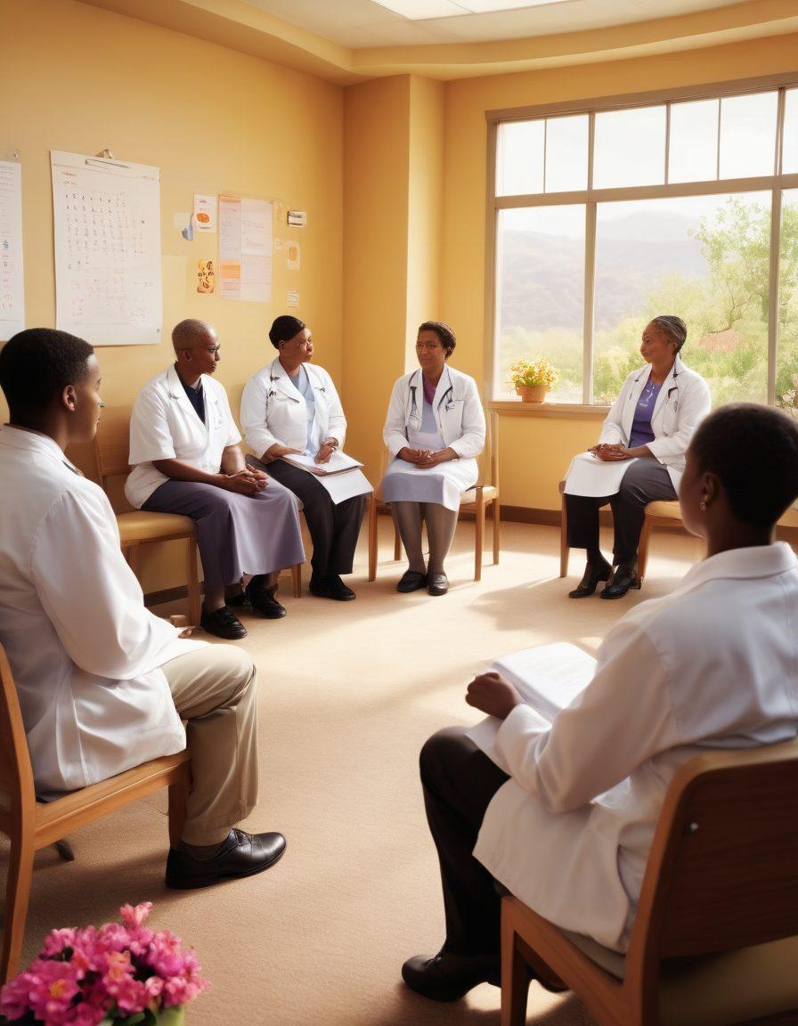 A warm, inviting scene depicting a diverse group of patients and medical professionals engaged in a supportive education session. Include elements such as informative charts, compassionate interactions, and a community-oriented atmosphere. In the background, subtle symbols of hope like a cancer awareness ribbon and blooming flowers symbolize healing. bright colors. inspirational. super-realistic.