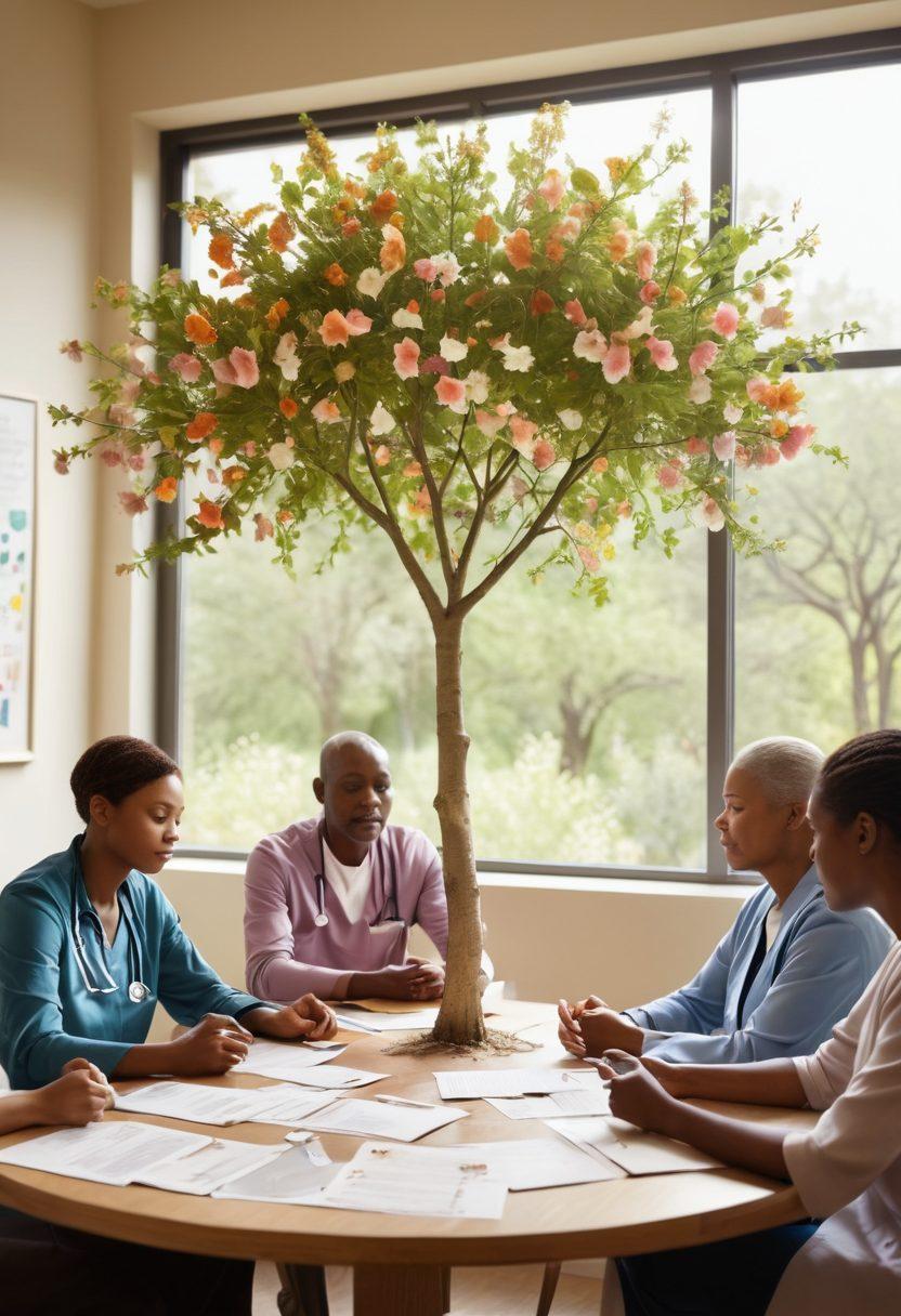 A serene scene depicting a diverse group of patients engaged in a supportive group therapy session, surrounded by symbolic elements like a blooming tree representing hope, informational brochures about cancer support on a table, and soft, diffused natural light filtering through a window. The atmosphere should convey warmth and empowerment, highlighting the importance of community in healthcare. super-realistic. vibrant colors. soft background.